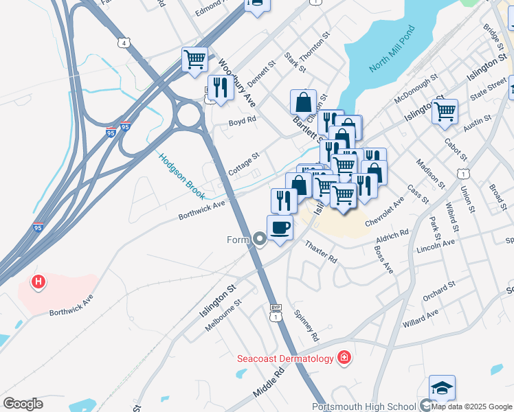 map of restaurants, bars, coffee shops, grocery stores, and more near 400 U.S. 1 Bypass in Portsmouth