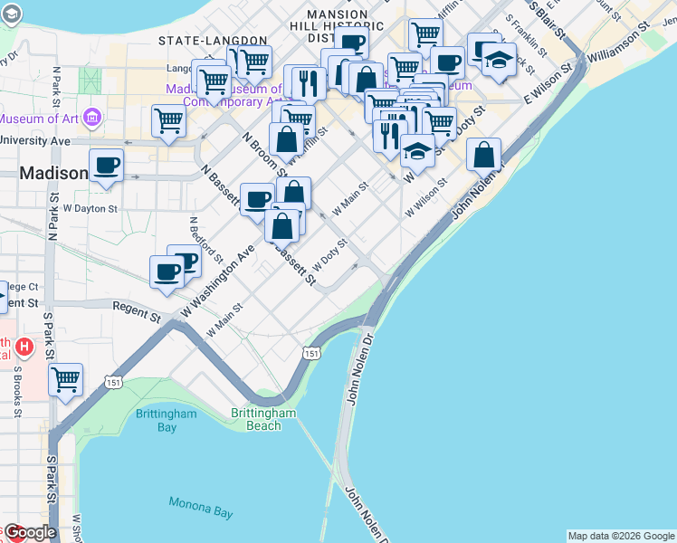 map of restaurants, bars, coffee shops, grocery stores, and more near 430 West Wilson Street in Madison