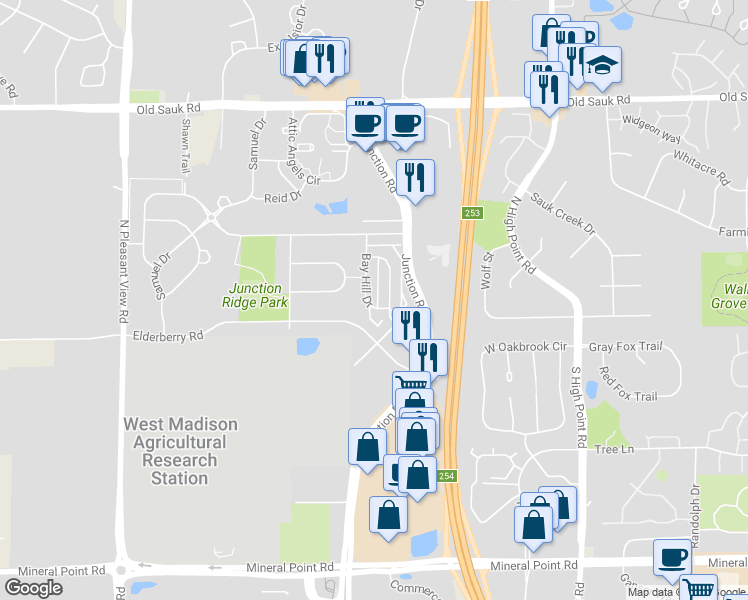 map of restaurants, bars, coffee shops, grocery stores, and more near 450 Cherry Hill Drive in Madison