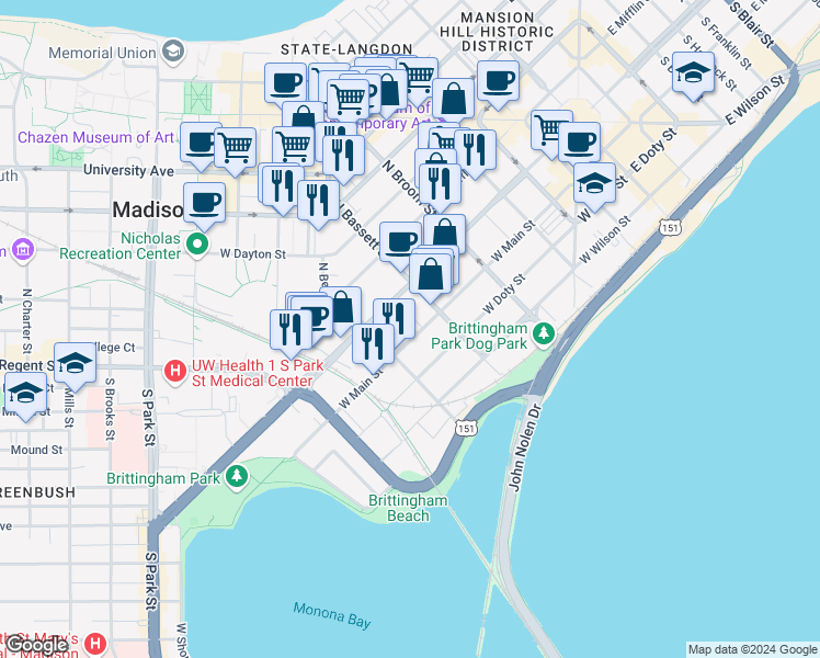 map of restaurants, bars, coffee shops, grocery stores, and more near 530 West Main Street in Madison