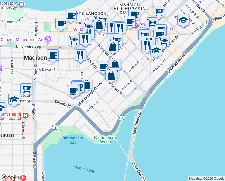 map of restaurants, bars, coffee shops, grocery stores, and more near 41 South Bassett Street in Madison