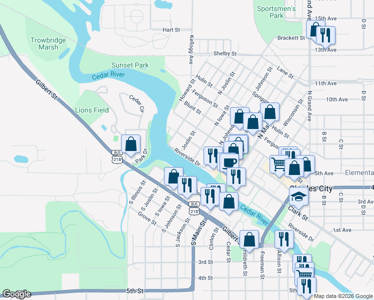 map of restaurants, bars, coffee shops, grocery stores, and more near 252 Clark Street in Charles City
