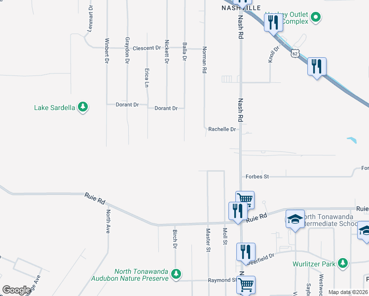 map of restaurants, bars, coffee shops, grocery stores, and more near 7374 Balla Drive in North Tonawanda