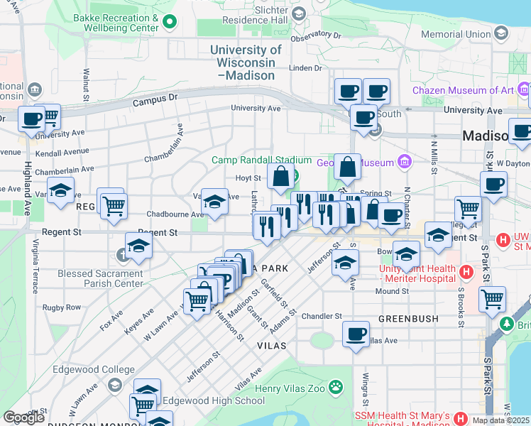 map of restaurants, bars, coffee shops, grocery stores, and more near 1610 Chadbourne Avenue in Madison