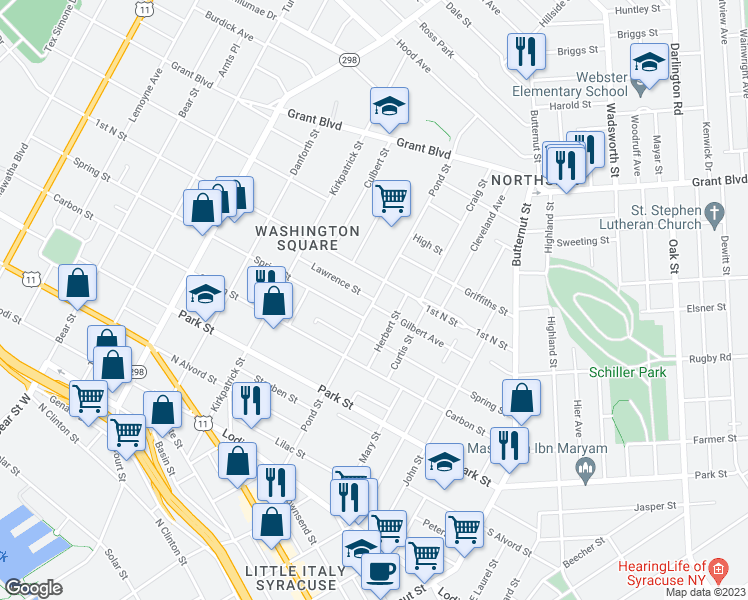 map of restaurants, bars, coffee shops, grocery stores, and more near 100 Lawrence Street in Syracuse