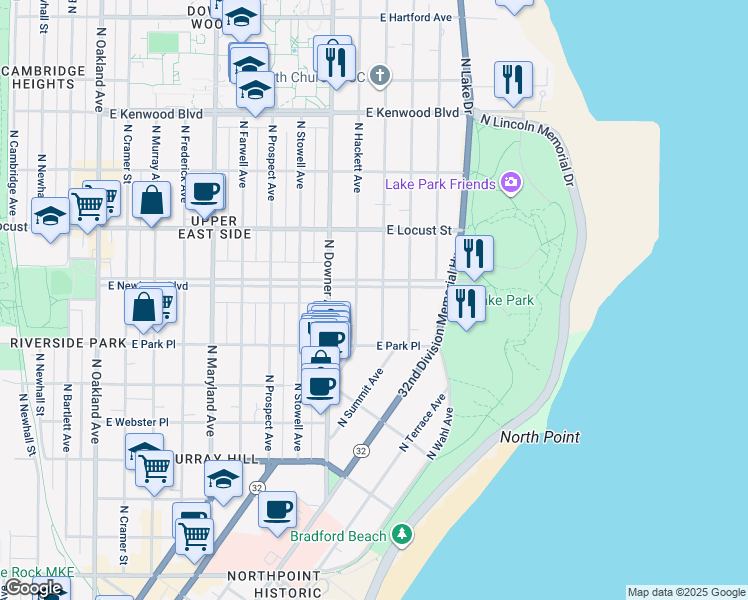 map of restaurants, bars, coffee shops, grocery stores, and more near 2767 North Summit Avenue in Milwaukee