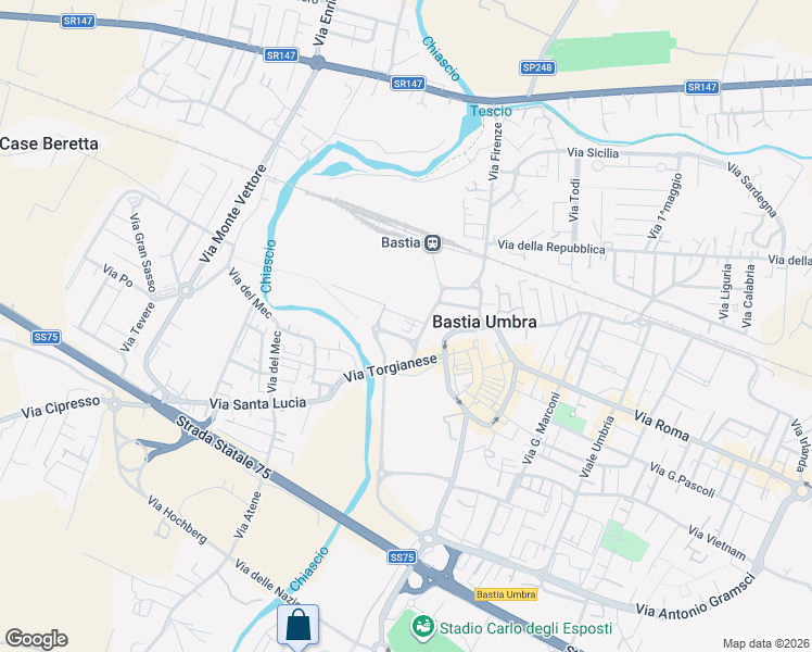 map of restaurants, bars, coffee shops, grocery stores, and more near Via Ignazio Silone in Bastia Umbra