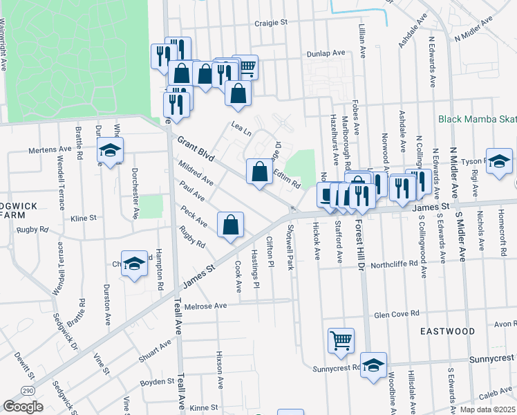 map of restaurants, bars, coffee shops, grocery stores, and more near 140 Mildred Avenue in Syracuse