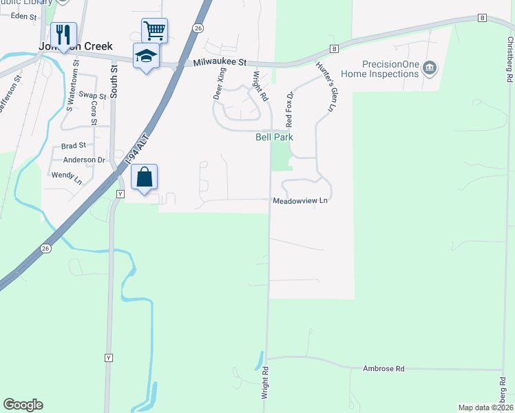 map of restaurants, bars, coffee shops, grocery stores, and more near 650 Meadowview Lane in Johnson Creek