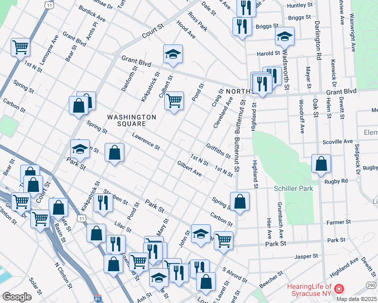 map of restaurants, bars, coffee shops, grocery stores, and more near 1st North Street & Craig Street in Syracuse