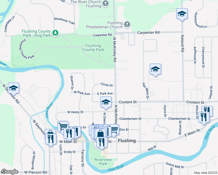 map of restaurants, bars, coffee shops, grocery stores, and more near 505 North McKinley Road in Flushing