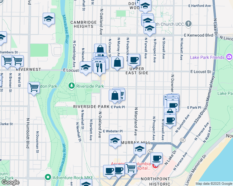 map of restaurants, bars, coffee shops, grocery stores, and more near 2765 North Murray Avenue in Milwaukee