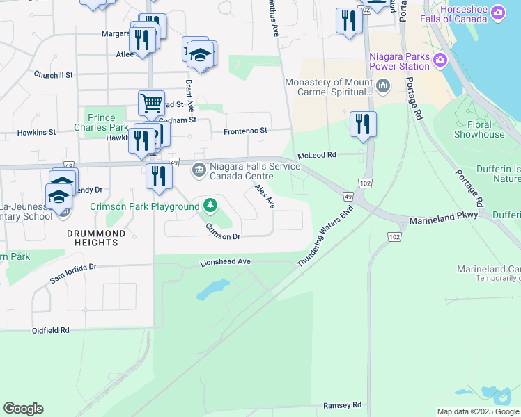 map of restaurants, bars, coffee shops, grocery stores, and more near 5842 Aspen Court in Niagara Falls