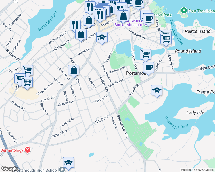 map of restaurants, bars, coffee shops, grocery stores, and more near 270 Richards Avenue in Portsmouth