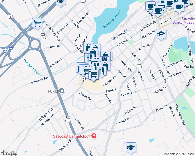 map of restaurants, bars, coffee shops, grocery stores, and more near 125 Brewery Lane in Portsmouth