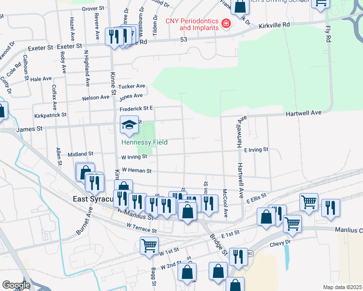 map of restaurants, bars, coffee shops, grocery stores, and more near 702 North Center Street in East Syracuse