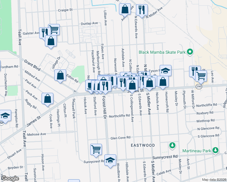 map of restaurants, bars, coffee shops, grocery stores, and more near 114 Norwood Avenue in Syracuse