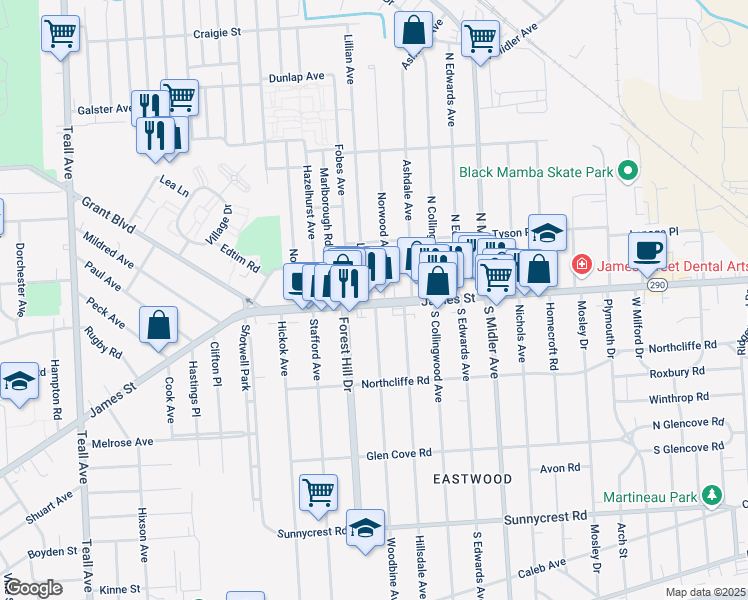 map of restaurants, bars, coffee shops, grocery stores, and more near 114 Norwood Avenue in Syracuse