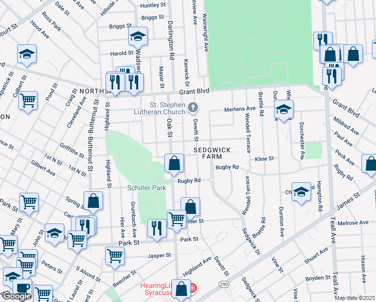 map of restaurants, bars, coffee shops, grocery stores, and more near 601 Helen Street in Syracuse