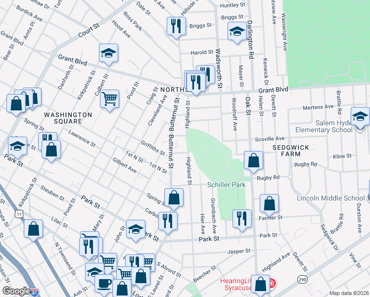 map of restaurants, bars, coffee shops, grocery stores, and more near 1200 Highland Street in Syracuse