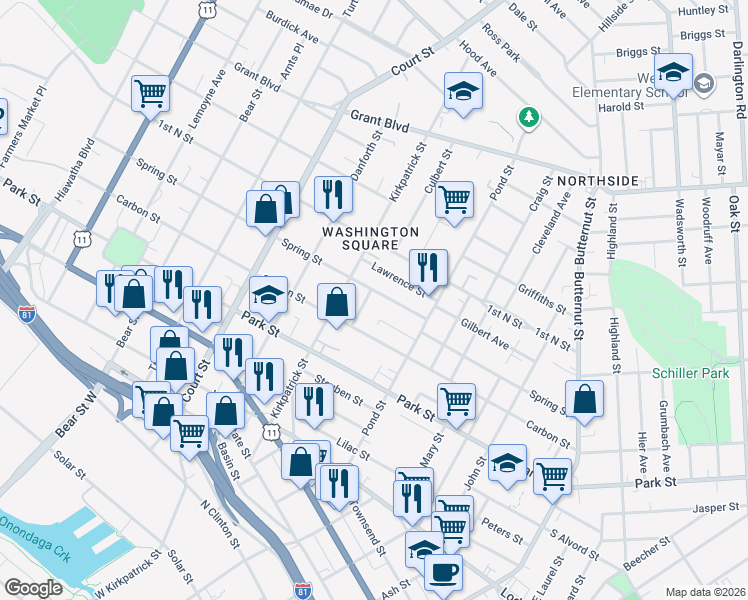 map of restaurants, bars, coffee shops, grocery stores, and more near 135 Lawrence Street in Syracuse