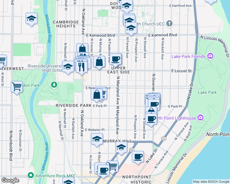 map of restaurants, bars, coffee shops, grocery stores, and more near 2122 East Newberry Boulevard in Milwaukee
