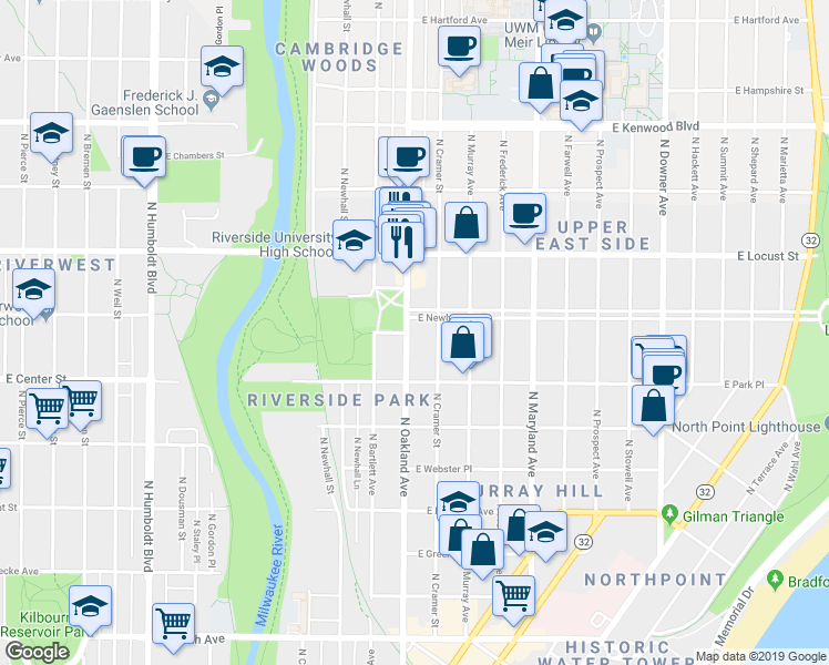 map of restaurants, bars, coffee shops, grocery stores, and more near 1804 East Newberry Boulevard in Milwaukee