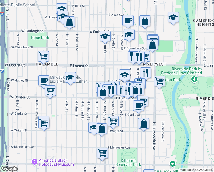 map of restaurants, bars, coffee shops, grocery stores, and more near 2805 North Booth Street in Milwaukee