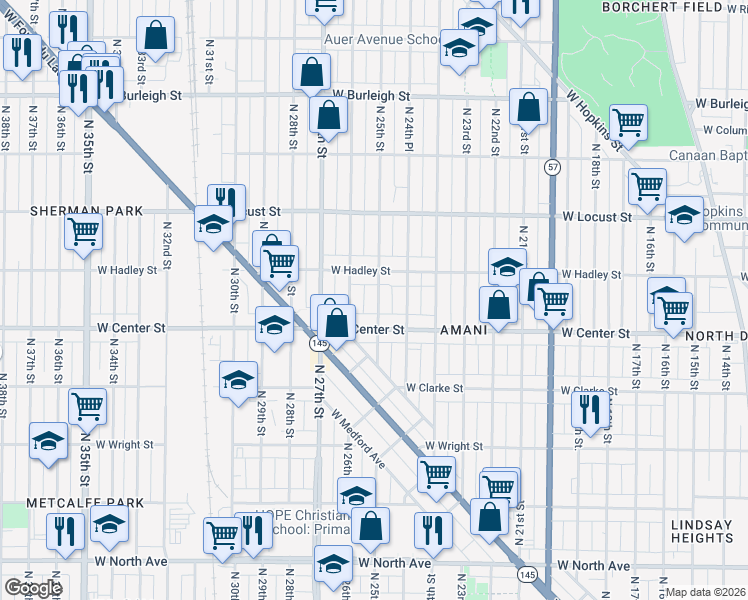 map of restaurants, bars, coffee shops, grocery stores, and more near 2773 North 25th Street in Milwaukee