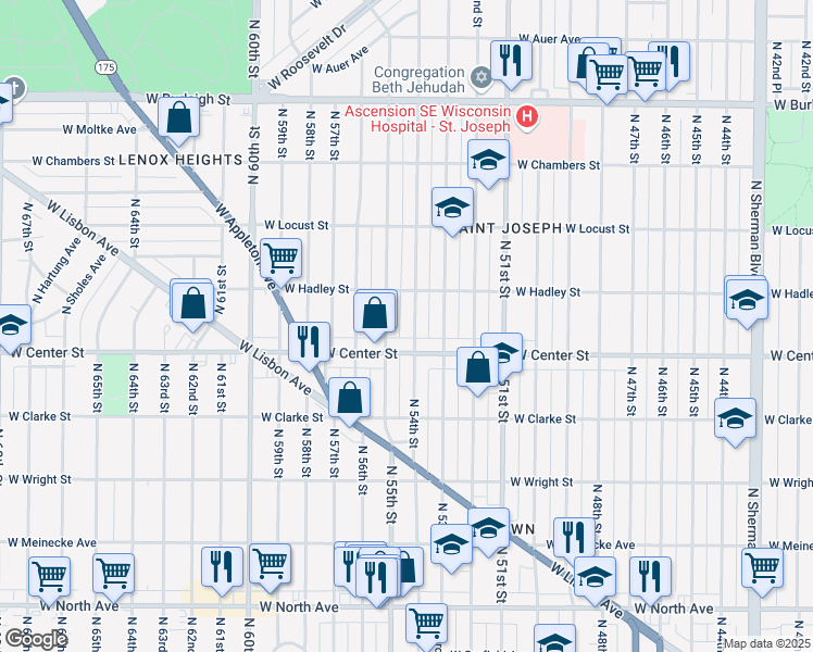 map of restaurants, bars, coffee shops, grocery stores, and more near 2763 North 54th Street in Milwaukee
