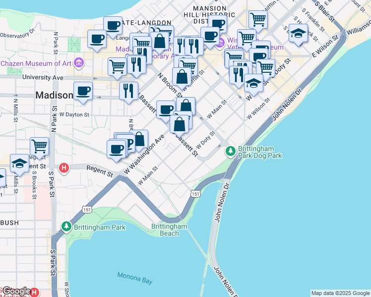 map of restaurants, bars, coffee shops, grocery stores, and more near 41 South Bassett Street in Madison
