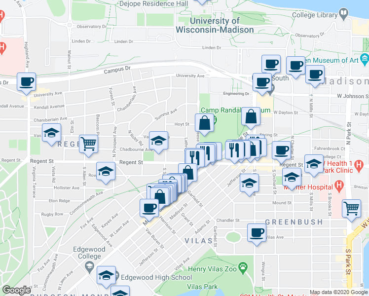map of restaurants, bars, coffee shops, grocery stores, and more near 103 Lathrop Street in Madison