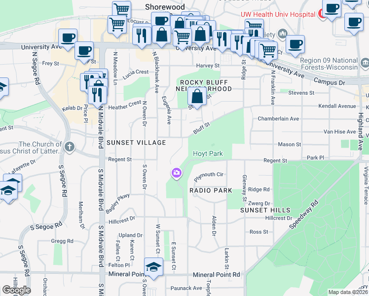map of restaurants, bars, coffee shops, grocery stores, and more near 3214 Bluff Street in Madison