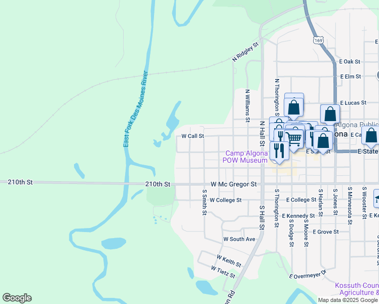 map of restaurants, bars, coffee shops, grocery stores, and more near 100 North Lowe Street in Algona
