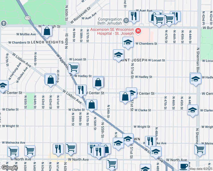 map of restaurants, bars, coffee shops, grocery stores, and more near 2763 North 54th Street in Milwaukee