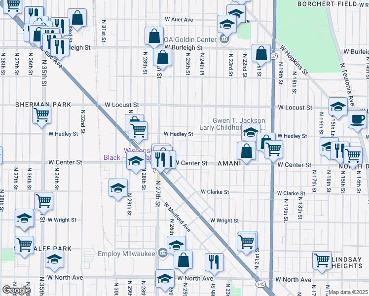 map of restaurants, bars, coffee shops, grocery stores, and more near 2773 North 25th Street in Milwaukee