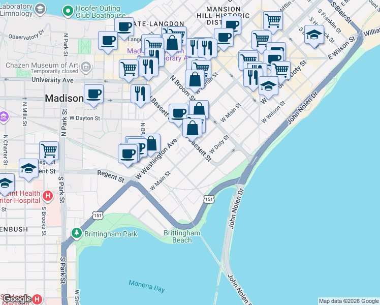 map of restaurants, bars, coffee shops, grocery stores, and more near 41 South Bassett Street in Madison