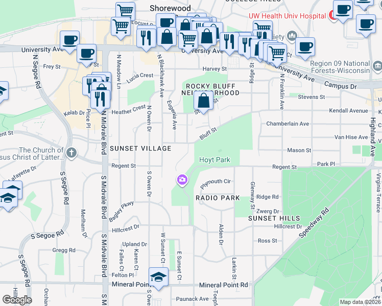 map of restaurants, bars, coffee shops, grocery stores, and more near 3214 Bluff Street in Madison