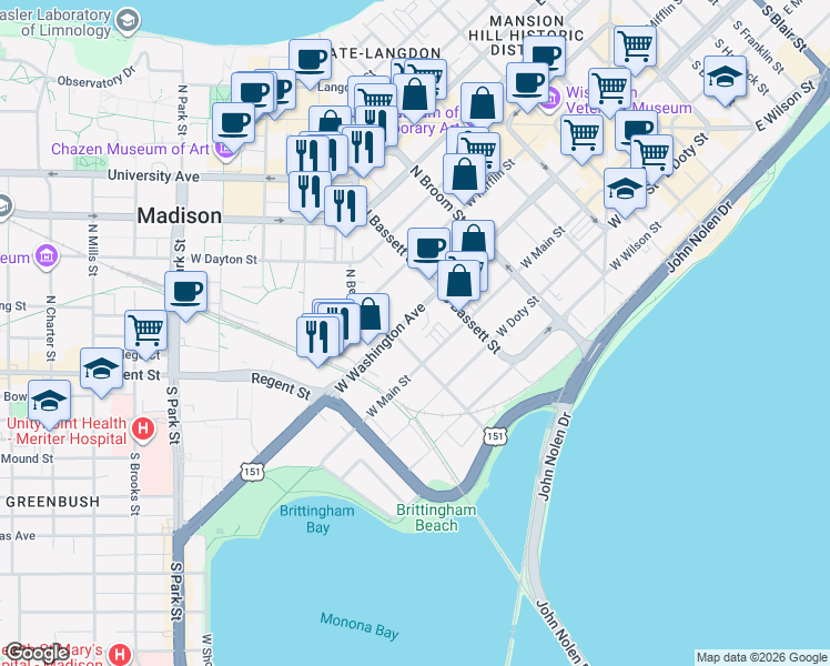 map of restaurants, bars, coffee shops, grocery stores, and more near 543 West Washington Avenue in Madison