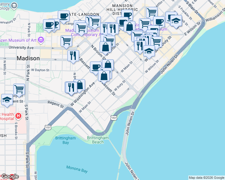 map of restaurants, bars, coffee shops, grocery stores, and more near 454 West Doty Street in Madison