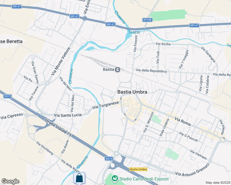 map of restaurants, bars, coffee shops, grocery stores, and more near Strada Rivierasca in Bastia Umbra