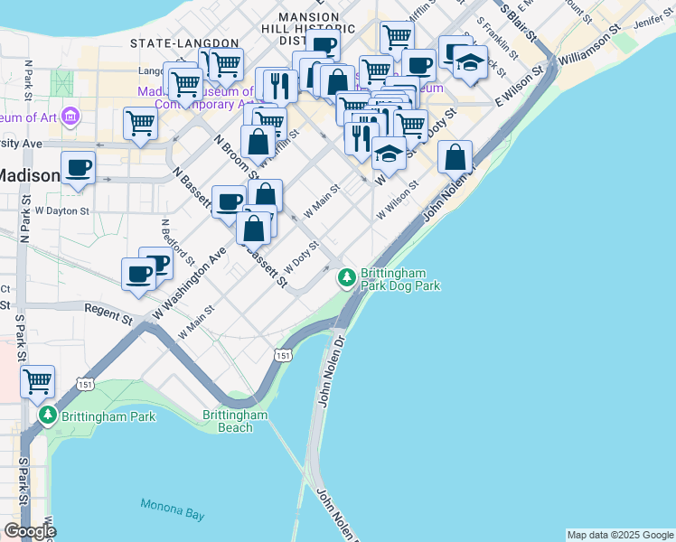 map of restaurants, bars, coffee shops, grocery stores, and more near 310 South Broom Street in Madison