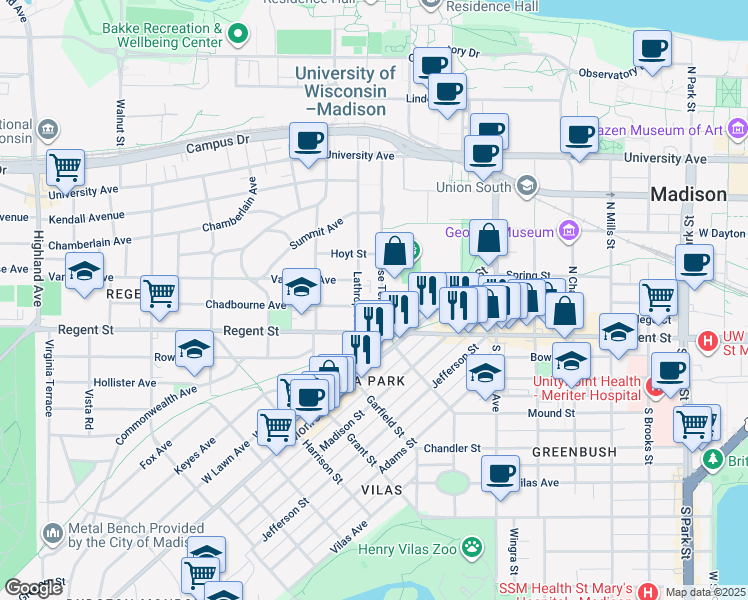map of restaurants, bars, coffee shops, grocery stores, and more near 26 North Breese Terrace in Madison