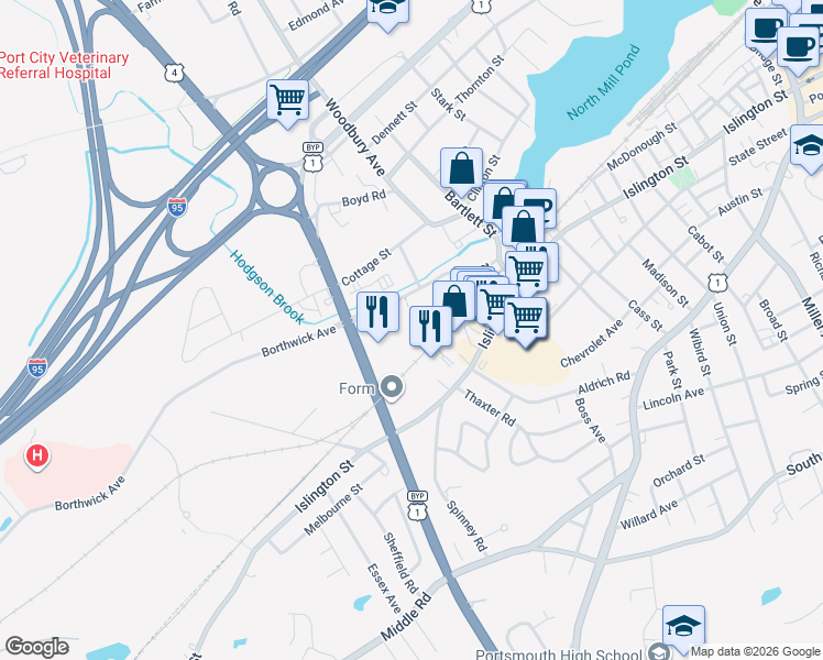 map of restaurants, bars, coffee shops, grocery stores, and more near 400 U.S. 1 Bypass in Portsmouth
