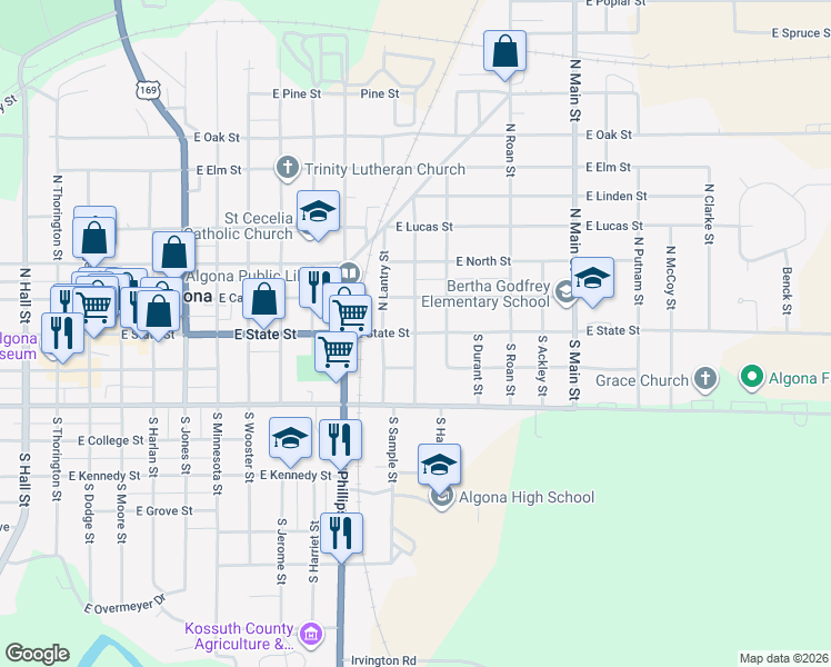 map of restaurants, bars, coffee shops, grocery stores, and more near 101 South Heckart Street in Algona