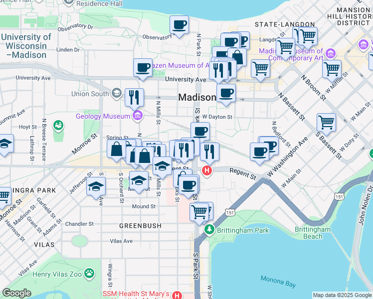 map of restaurants, bars, coffee shops, grocery stores, and more near 920 Fahrenbrook Court in Madison