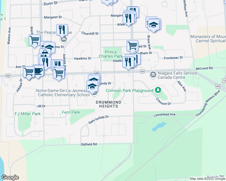 map of restaurants, bars, coffee shops, grocery stores, and more near 7374 Heximer Avenue in Niagara Falls