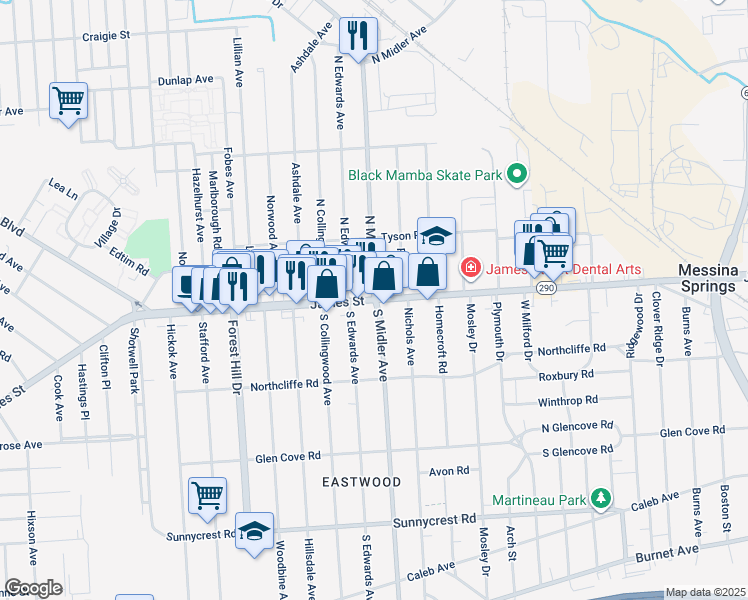 map of restaurants, bars, coffee shops, grocery stores, and more near James Street in Syracuse