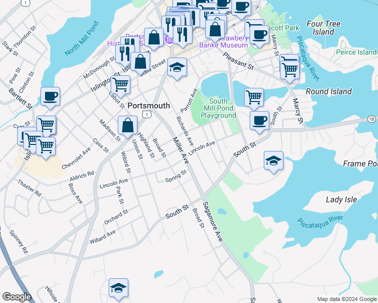 map of restaurants, bars, coffee shops, grocery stores, and more near 270 Richards Avenue in Portsmouth