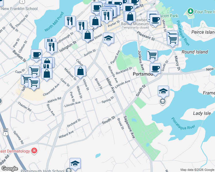 map of restaurants, bars, coffee shops, grocery stores, and more near 293 Rockland Street in Portsmouth